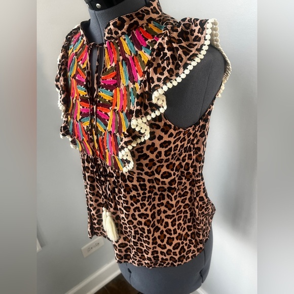 THML Boho Leopard Print Embroidered Tassel Top Sz S Ruffle Sleeve Festival Chic - Picture 6 of 16
